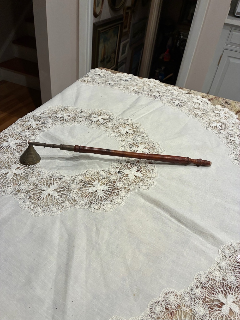 Antique Long Brass and Wood Candle Snuffer Bell Shaped